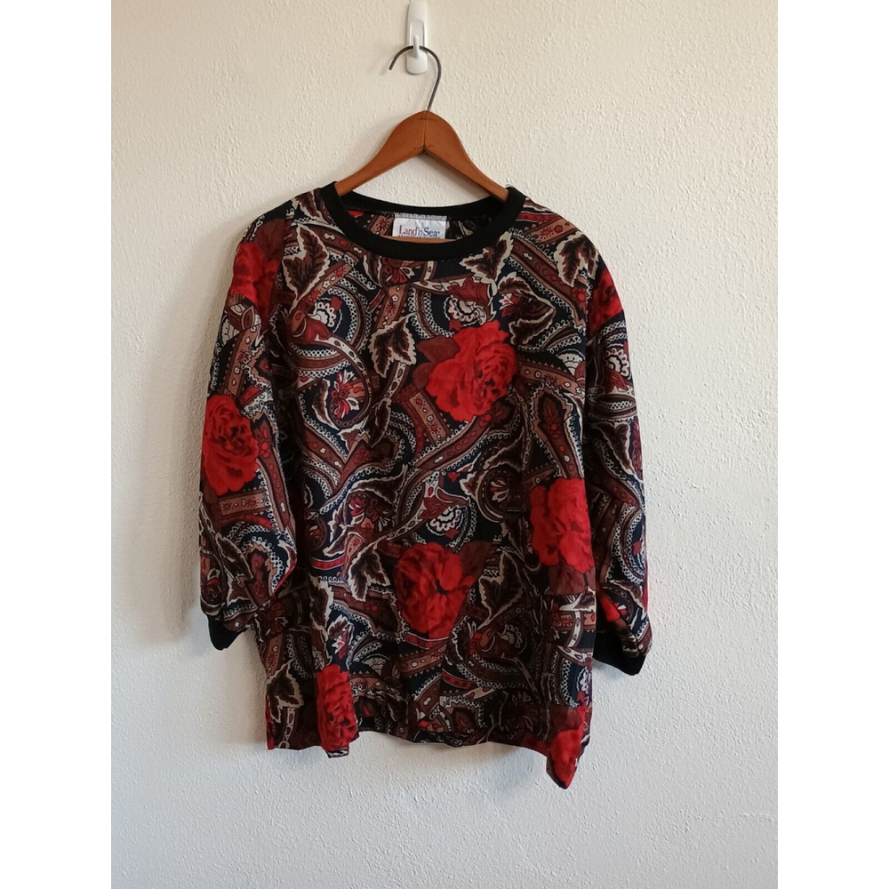 Vintage Land N Sea Floral Paisley 3/4 Sleeve Shirt Red Black Size XL?